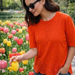 New XL Springtime Orange Eyelet Tunic Boho Embroidered Bobeau Alina Top